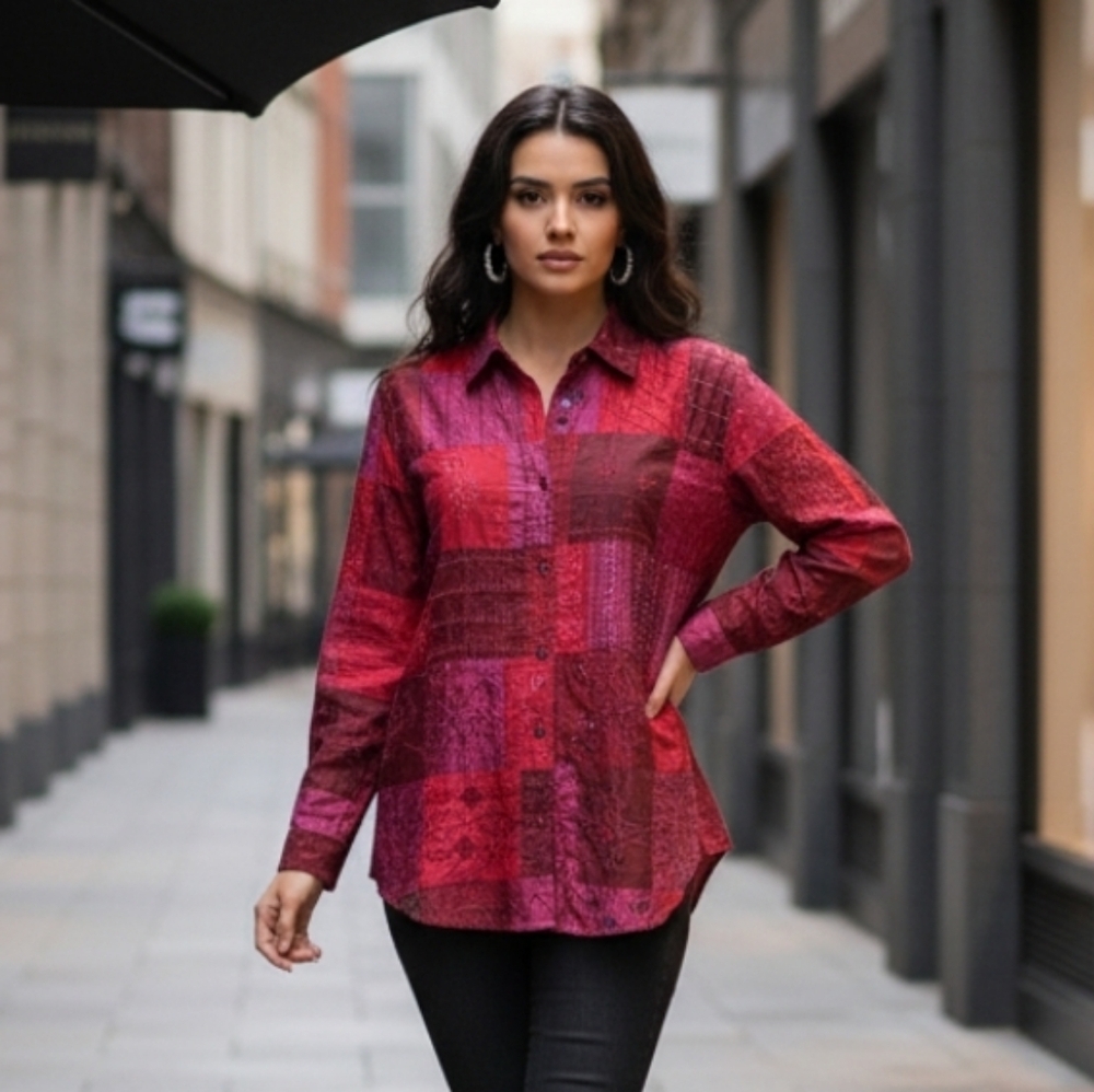 Chico's Embroidered Shirt Jacket 100 Percent Silk Size 2 Color Red Hot Pink